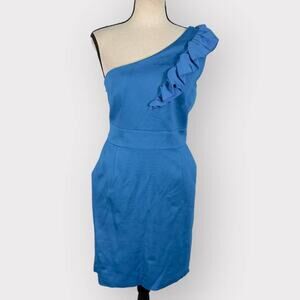 Trina Turk One Shoulder Ruffle Mini Dress Blue Women's Size Medium